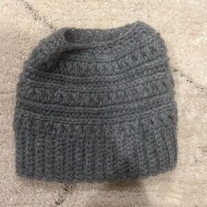 Gray beanie with hole at the top four ponytail